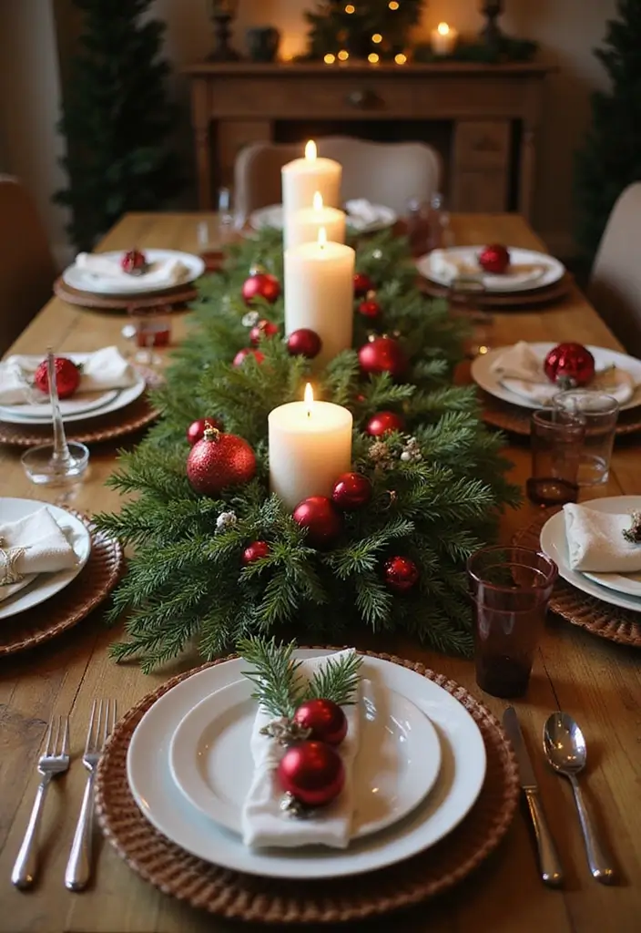 table centerpiece with greenery and candles