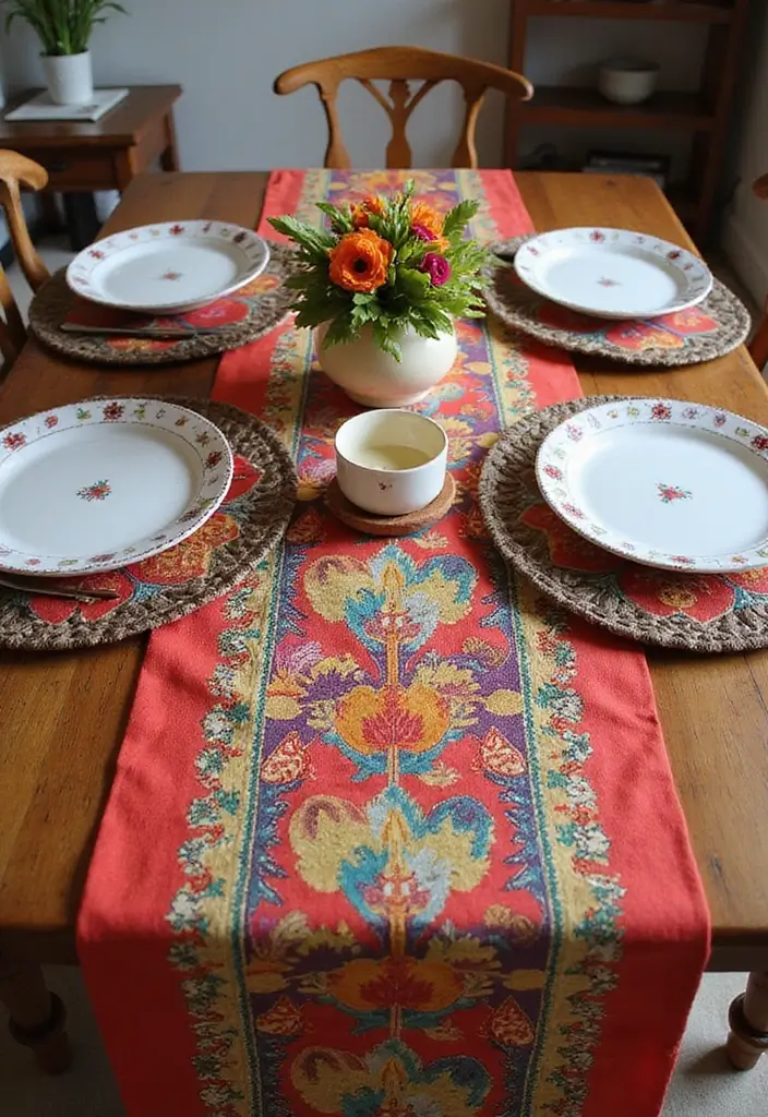 table with colorful textile runner