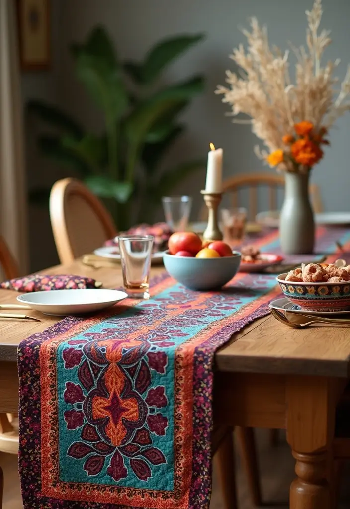 tie-dye runner on dining table