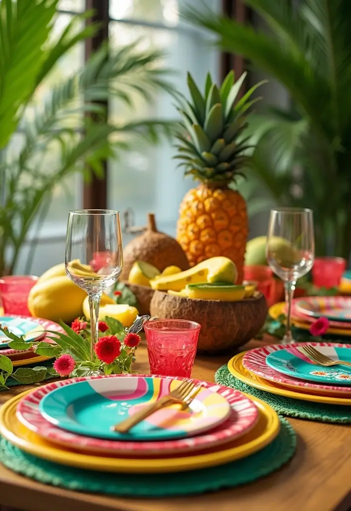 tropical christmas table with palm leaves and bright colors