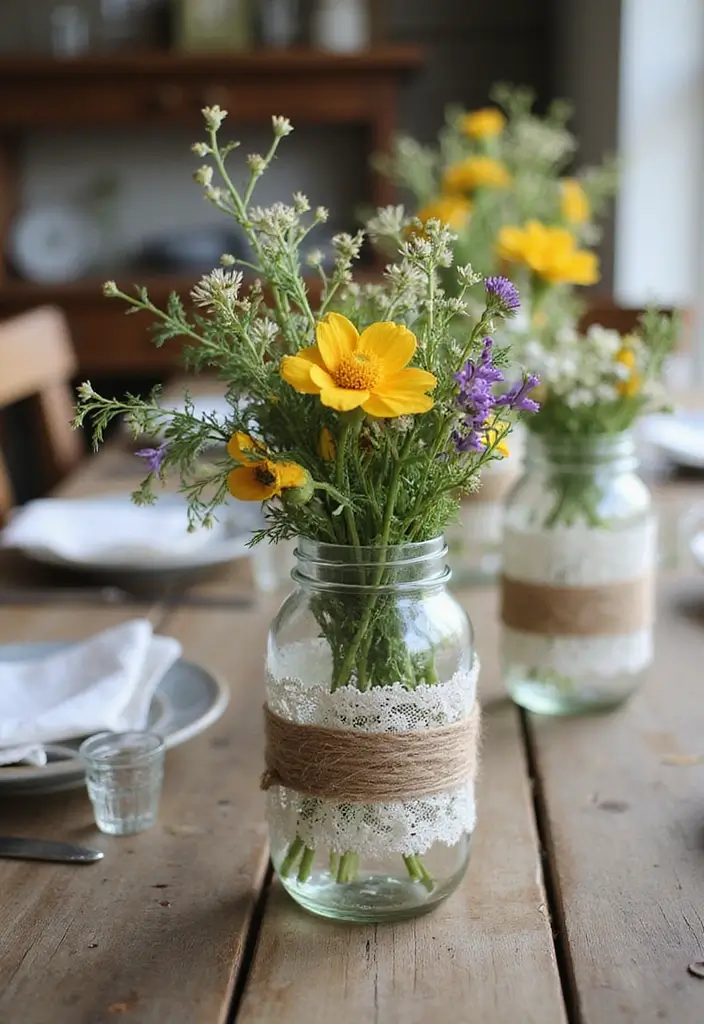 upcycled jars with wildflowers on table