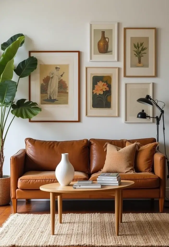 vintage art print and brass lamp in living room