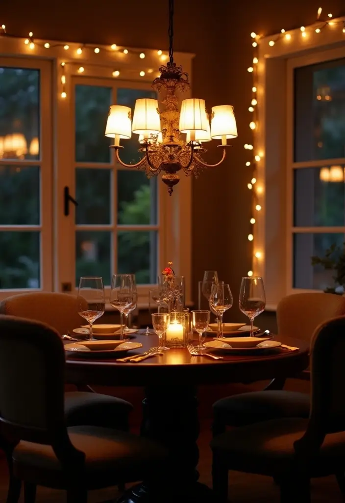vintage chandelier over farmhouse dining table