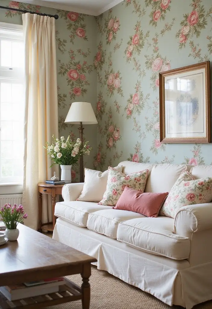 vintage floral cushions and wallpaper in a cozy living room