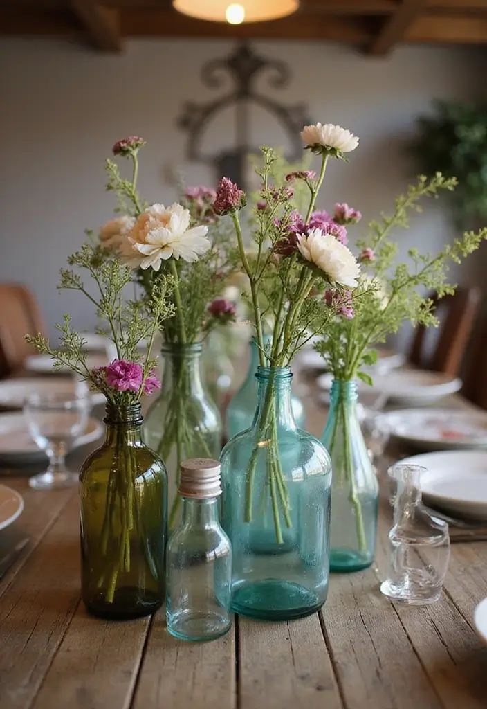 vintage glass bottles as vases on tray
