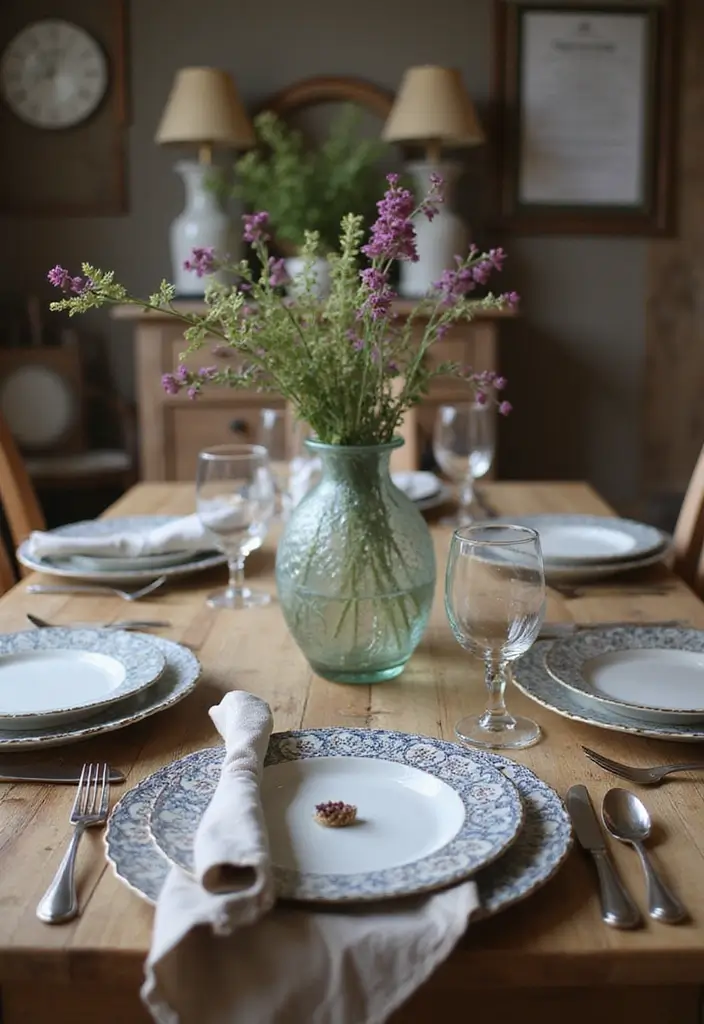 vintage plates and glassware table setting