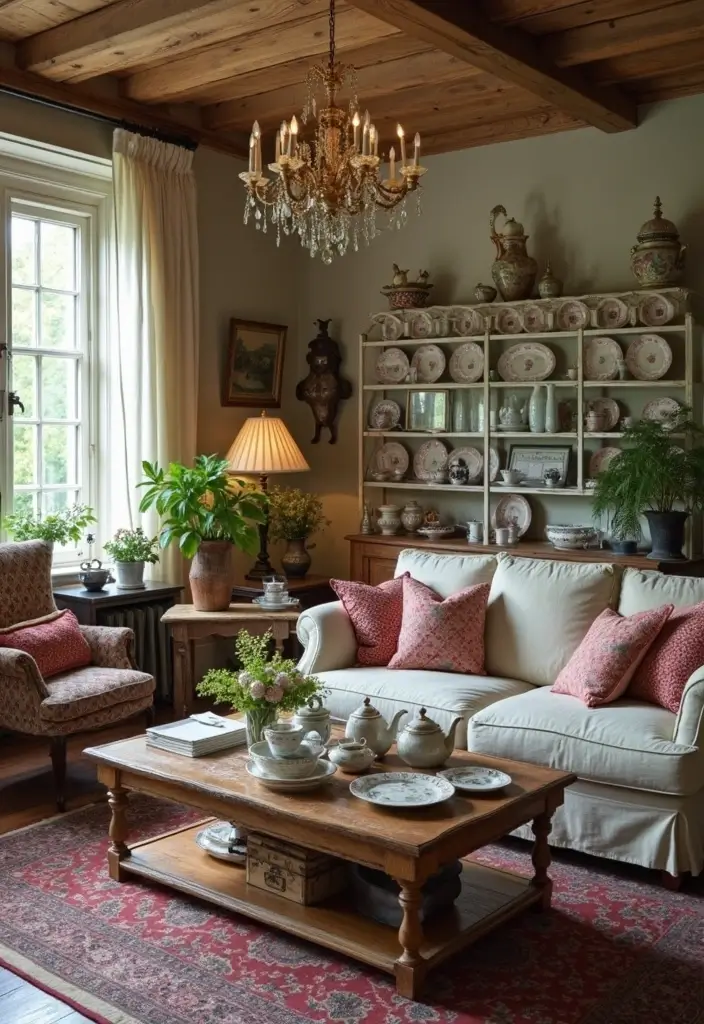 vintage teapot and china on a living room shelf