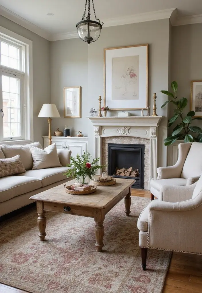vintage wooden furniture in a cozy living room