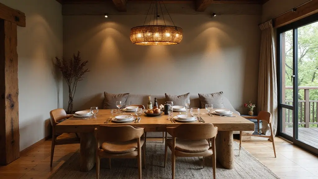 wabi sabi dining room with rustic wood table and soft lighting