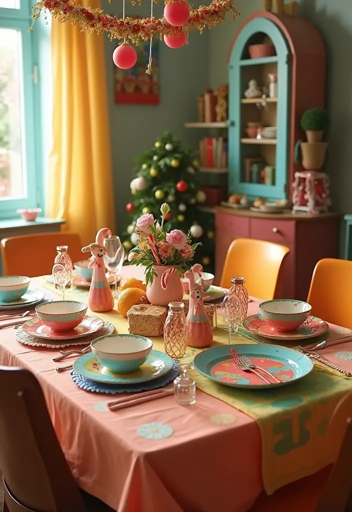 whimsical christmas table with colorful patterns