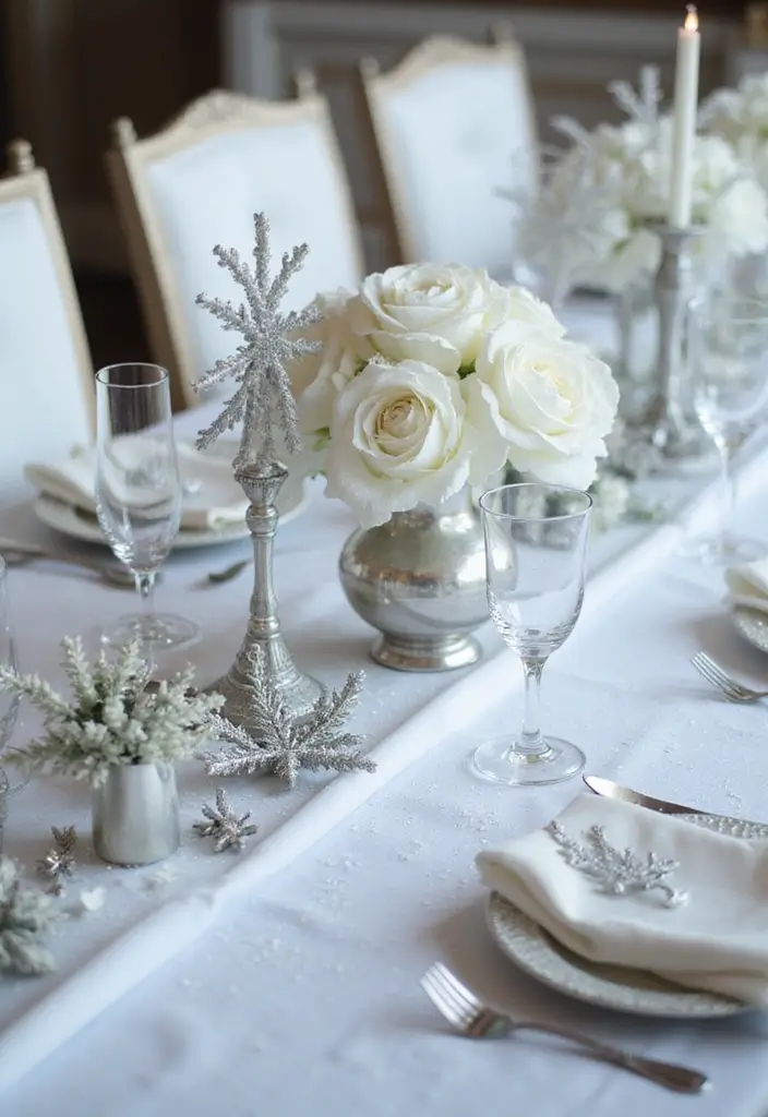 white and silver winter-themed table decor