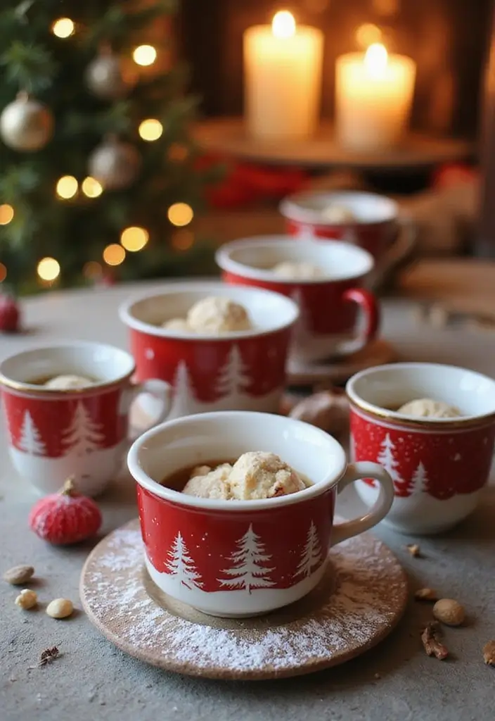 white mugs with faux snow and decorations