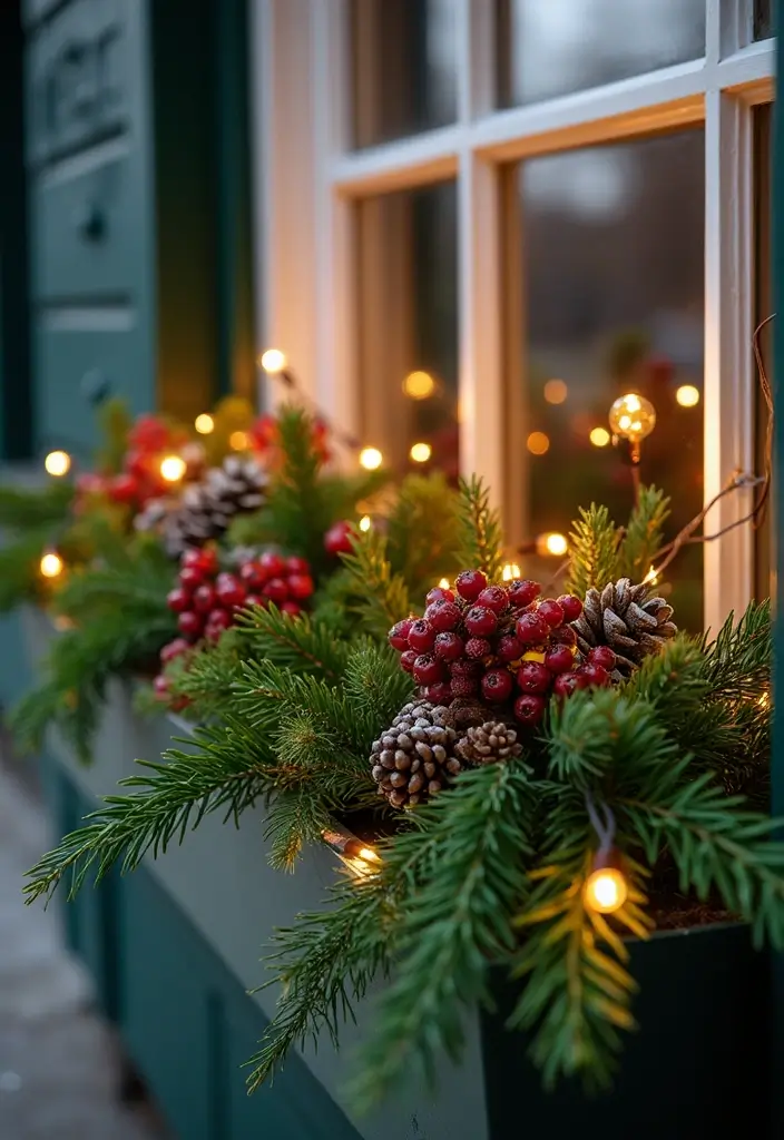 window box with evergreen branches and fairy lights