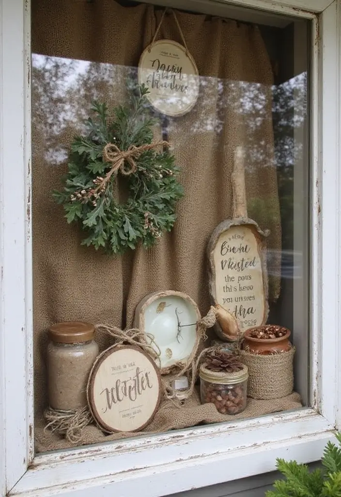 window with burlap and pinecone decor