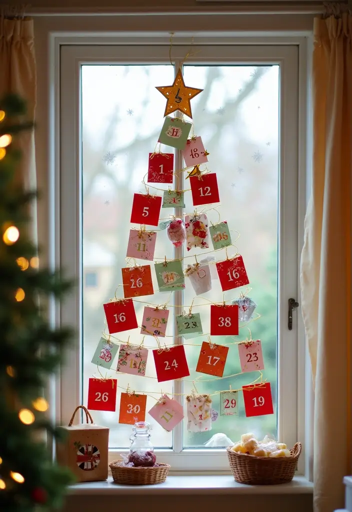 window with colorful advent calendar boxes