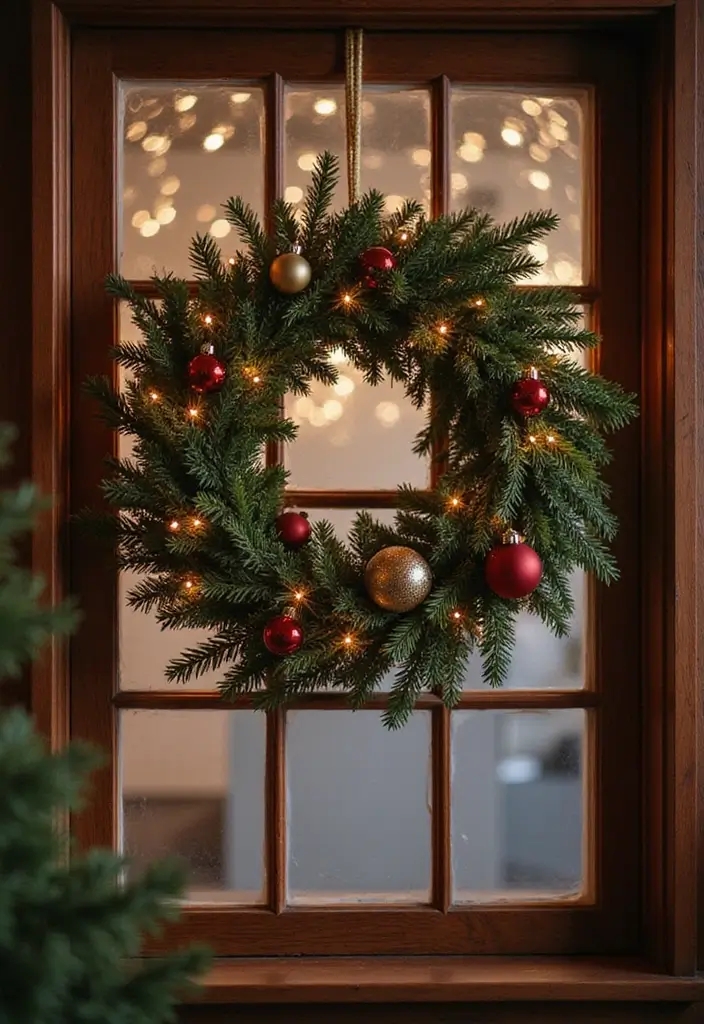window with evergreen wreath and fairy lights
