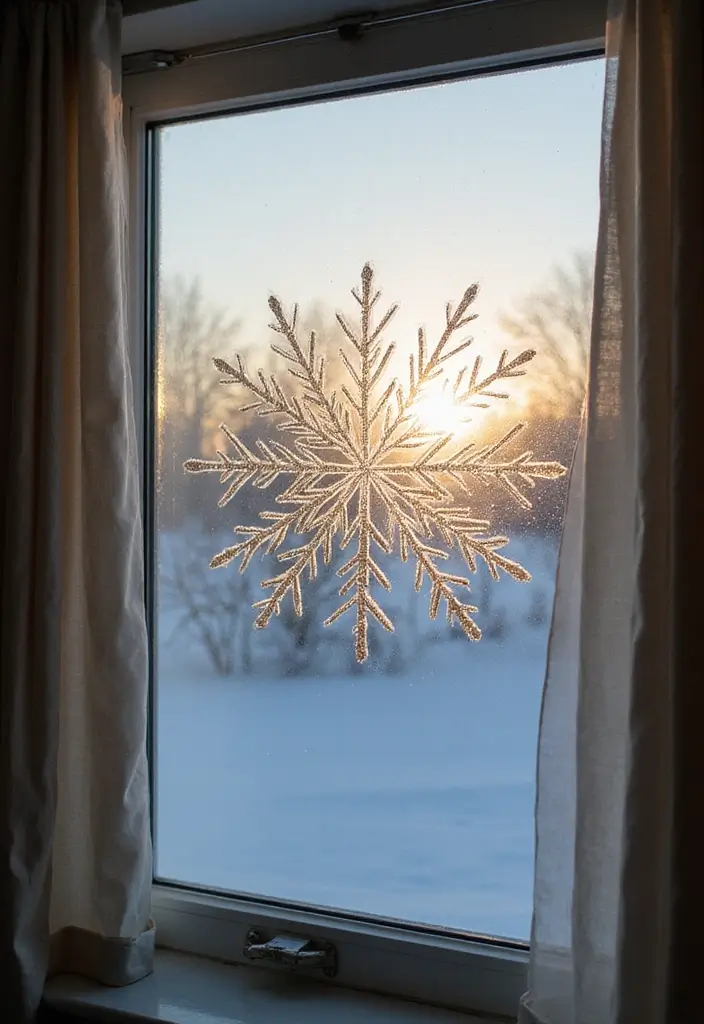 window with frosted film and snowflake patterns