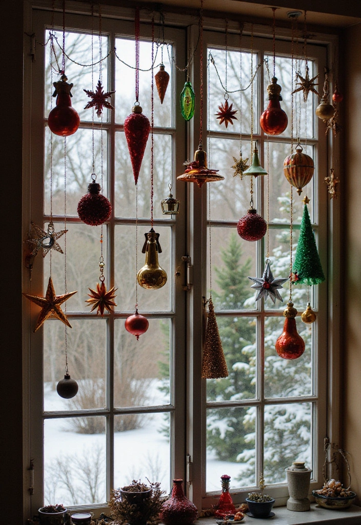 window with hanging clear ornaments