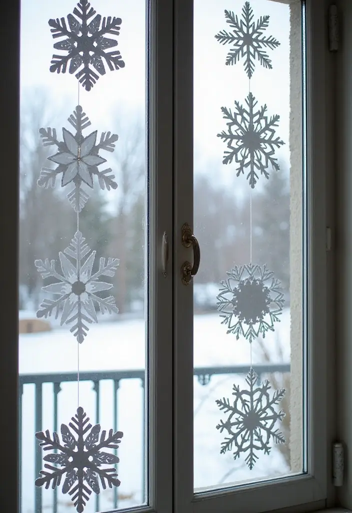window with hanging paper snowflakes