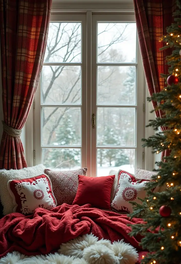 window with layered festive blankets