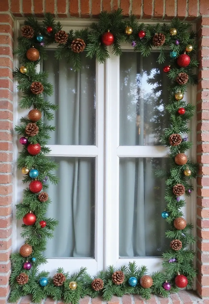 window with pine and berry garland