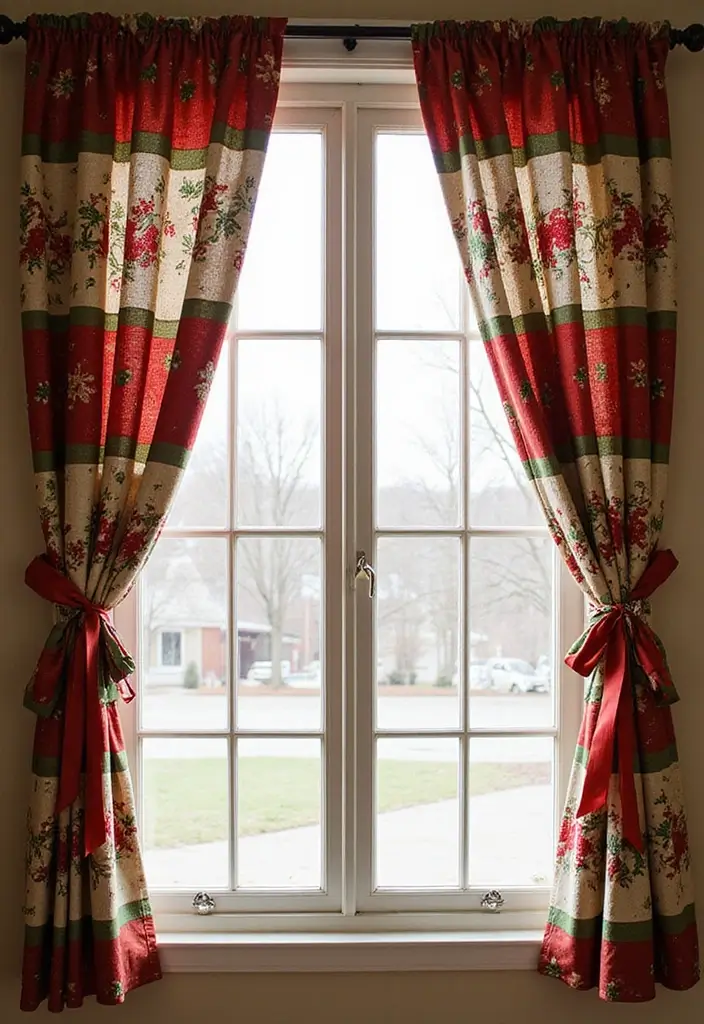 window with plaid christmas curtains