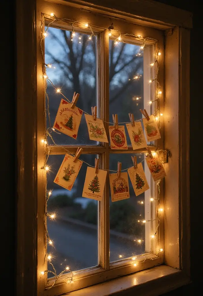 window with vintage holiday cards on twine