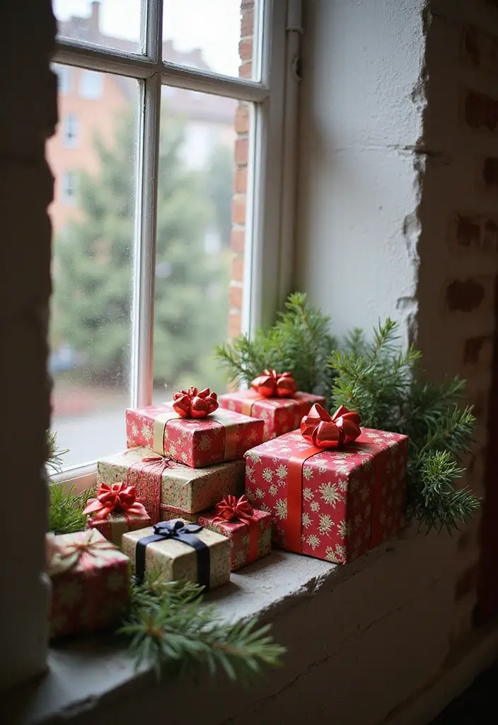 window with wrapped mini gift boxes