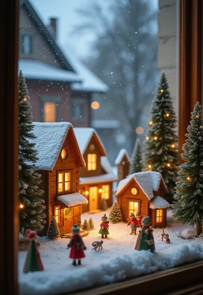 windowsill with miniature christmas village