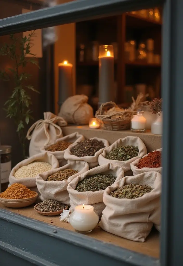windowsill with scented herbs and candles