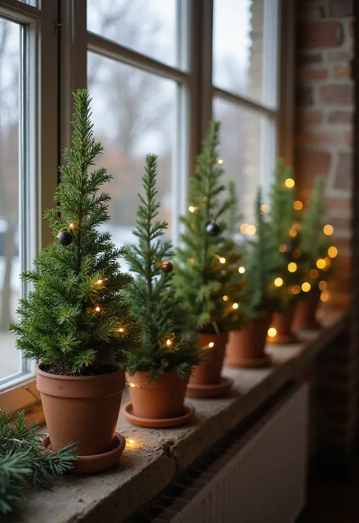 windowsill with small decorated evergreen trees