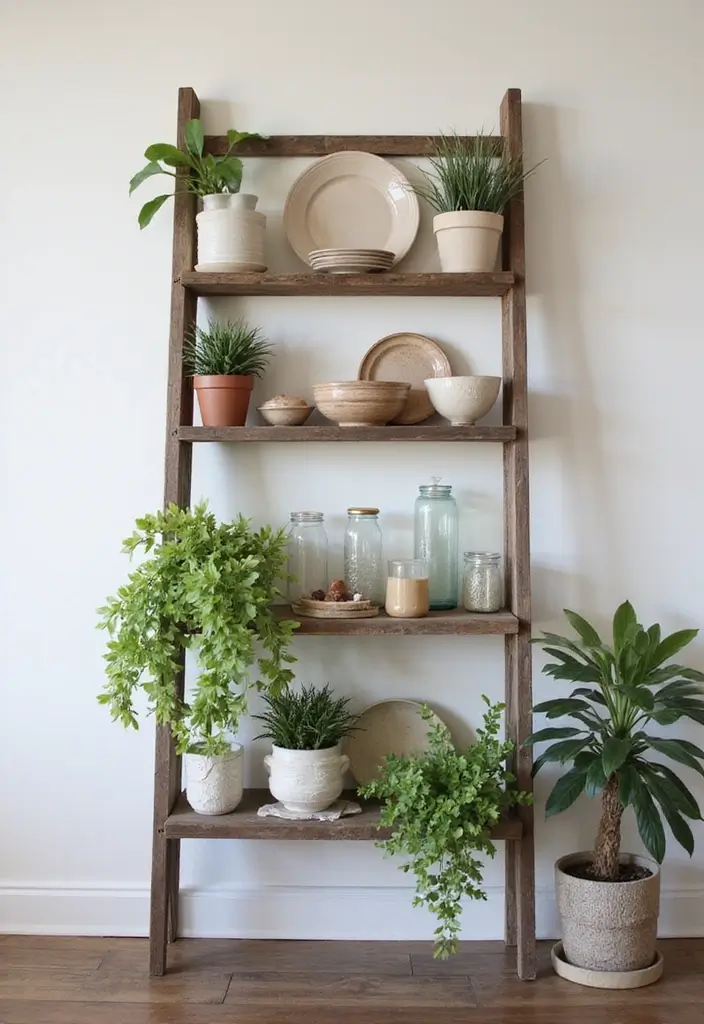 wooden ladder shelf displaying dishes and plants