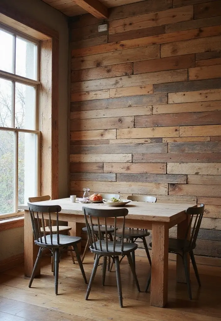 wooden plank accent wall in dining room