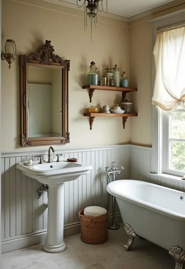 antique brass mirror and vintage ladder towel rack