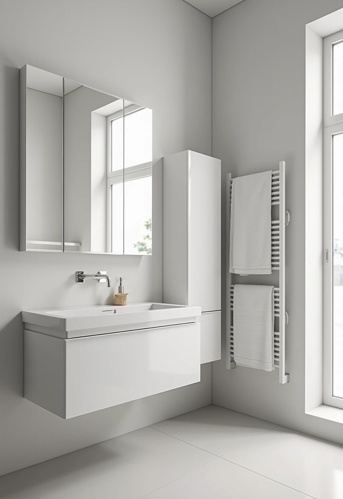 bamboo storage baskets and wall-mounted racks holding bathroom essentials