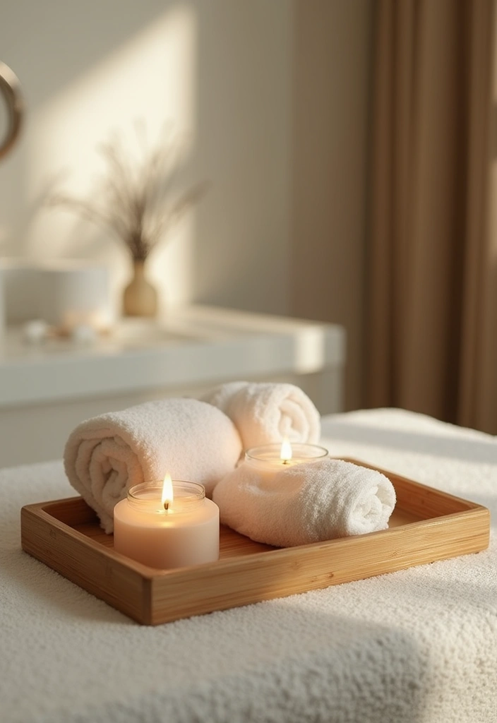 bamboo tray with candles and rolled towels on bathtub edge
