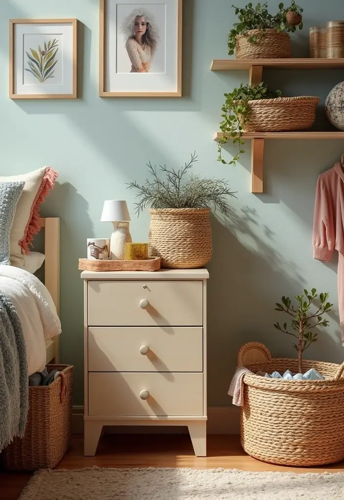 baskets for storage on dorm shelf