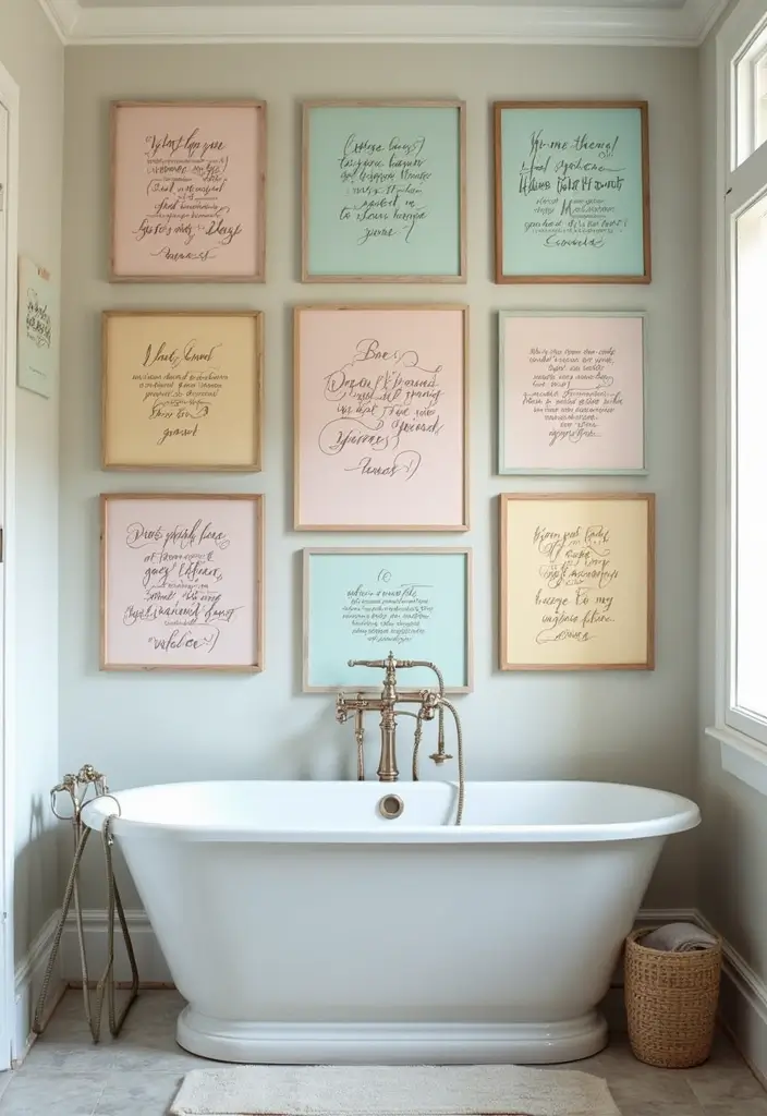 bathroom wall with framed motivational quotes