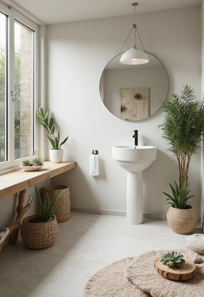 bathroom with potted plants, wooden tray, and natural materials