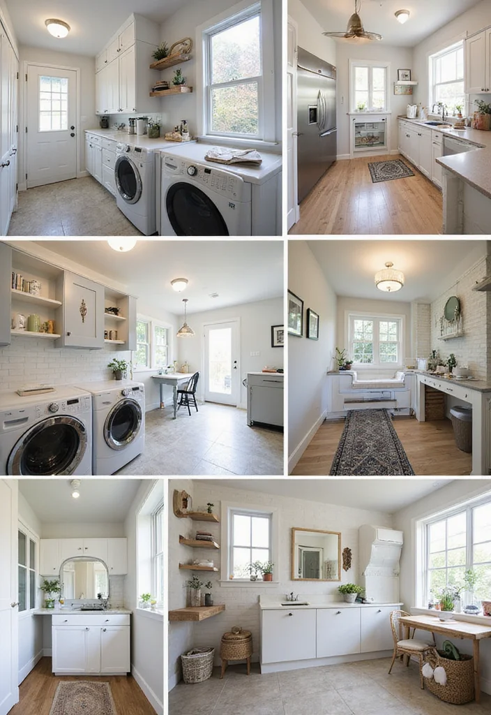 beautiful finished modern laundry room with fresh flowers and natural light