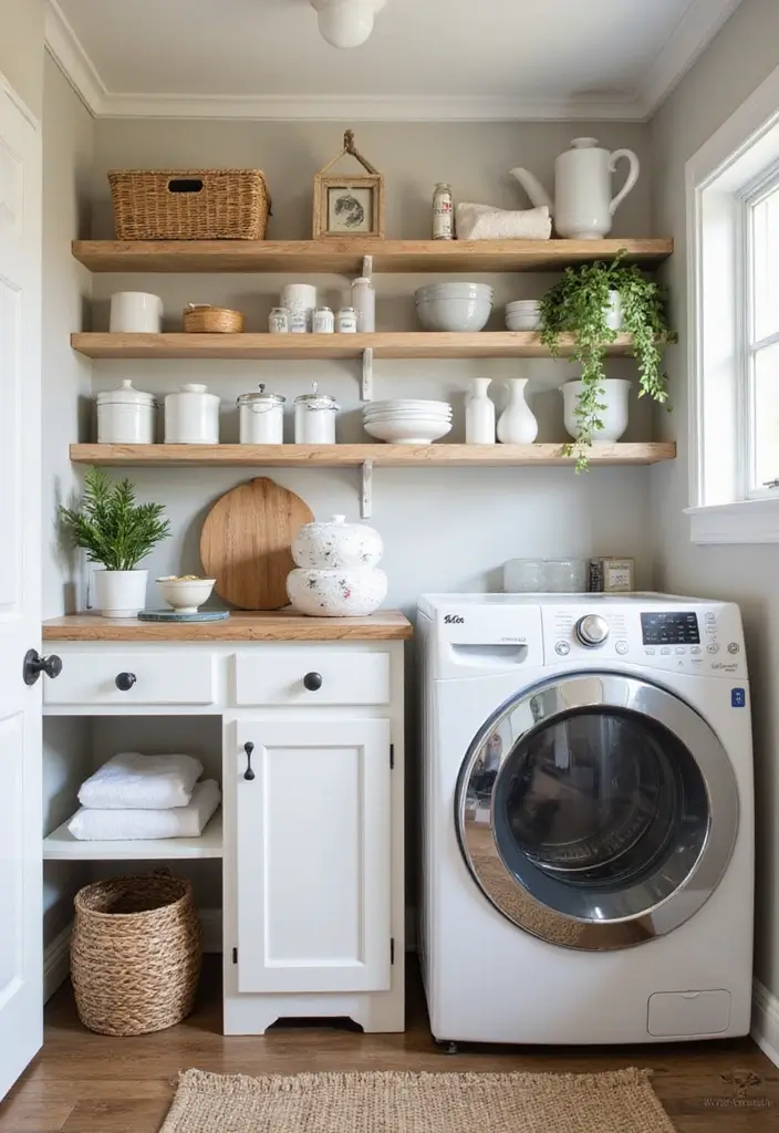 beautiful organized farmhouse laundry room with wood and white decor