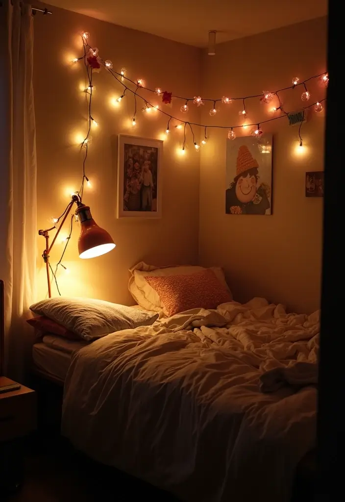 bed frame draped with warm fairy lights and led strips