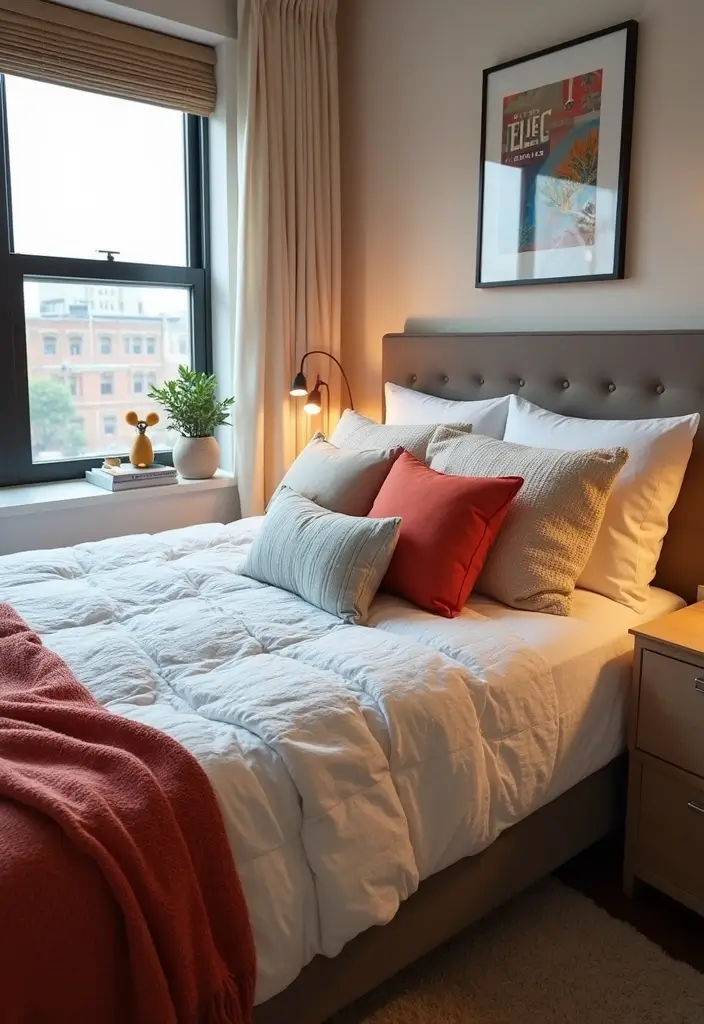 bed layered with fluffy duvet, throw pillows, and textured blanket