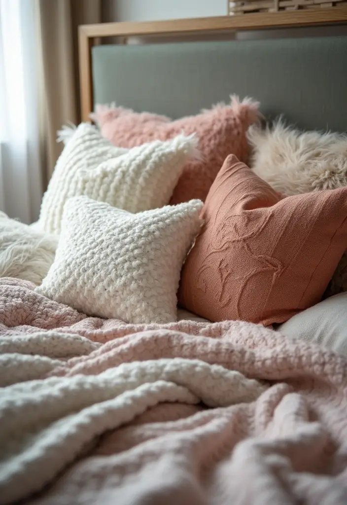 bed piled with velvet, knit, and patterned throw pillows
