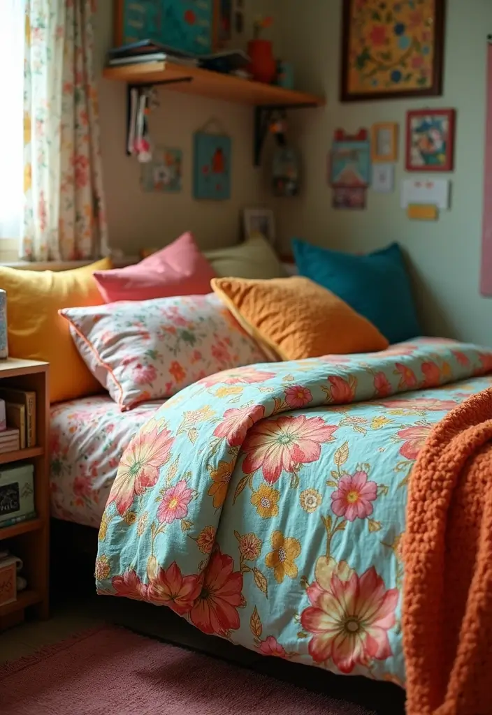 bed with bold retro patterned bedspread and layers