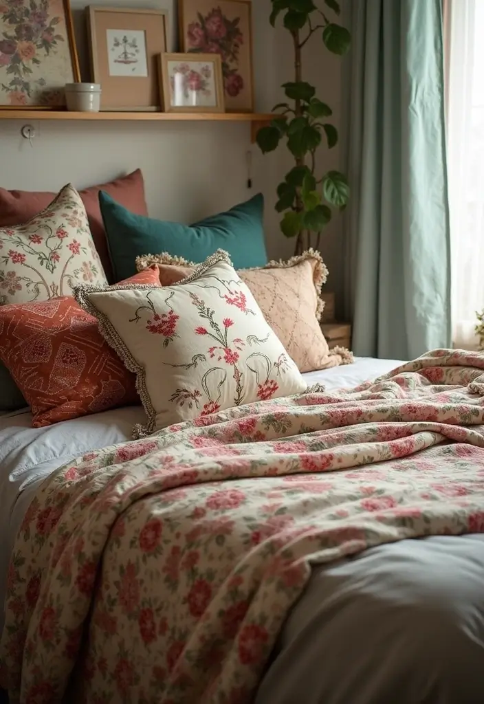 bed with layered vintage throw pillows in patterns and textures