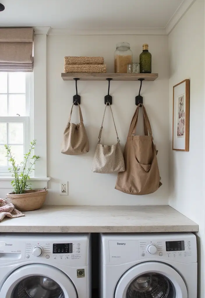 black iron hooks on wooden board holding bags and towels