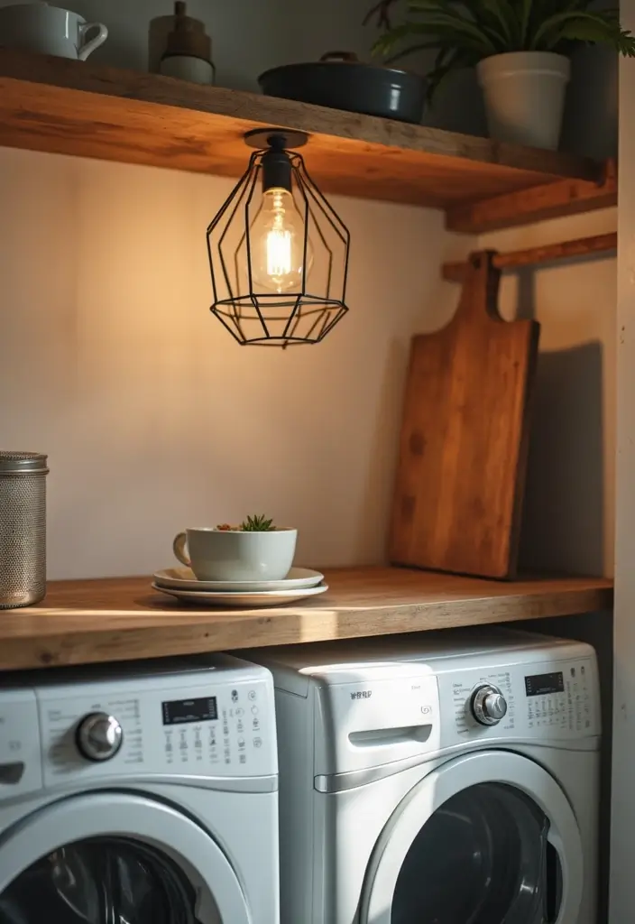 black metal pendant lights and mason jar sconces in farmhouse laundry room