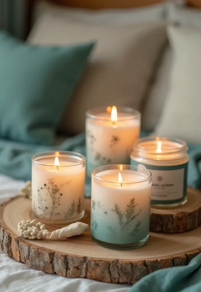 blue candles in glass jars on tray
