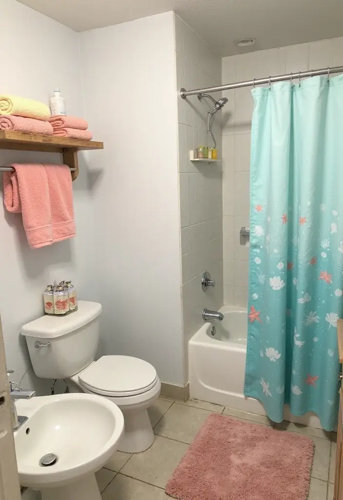 blue towels and shell soap dish